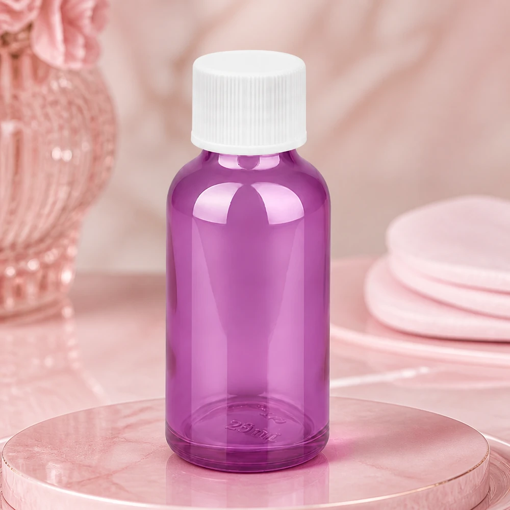 30 ml flaske 11 mm skruelåg hvid standard PurpleLine UT18/30 30 ml apoteksflaske af høj kvalitet lavet af violet glas med børnesikret hvid hætte