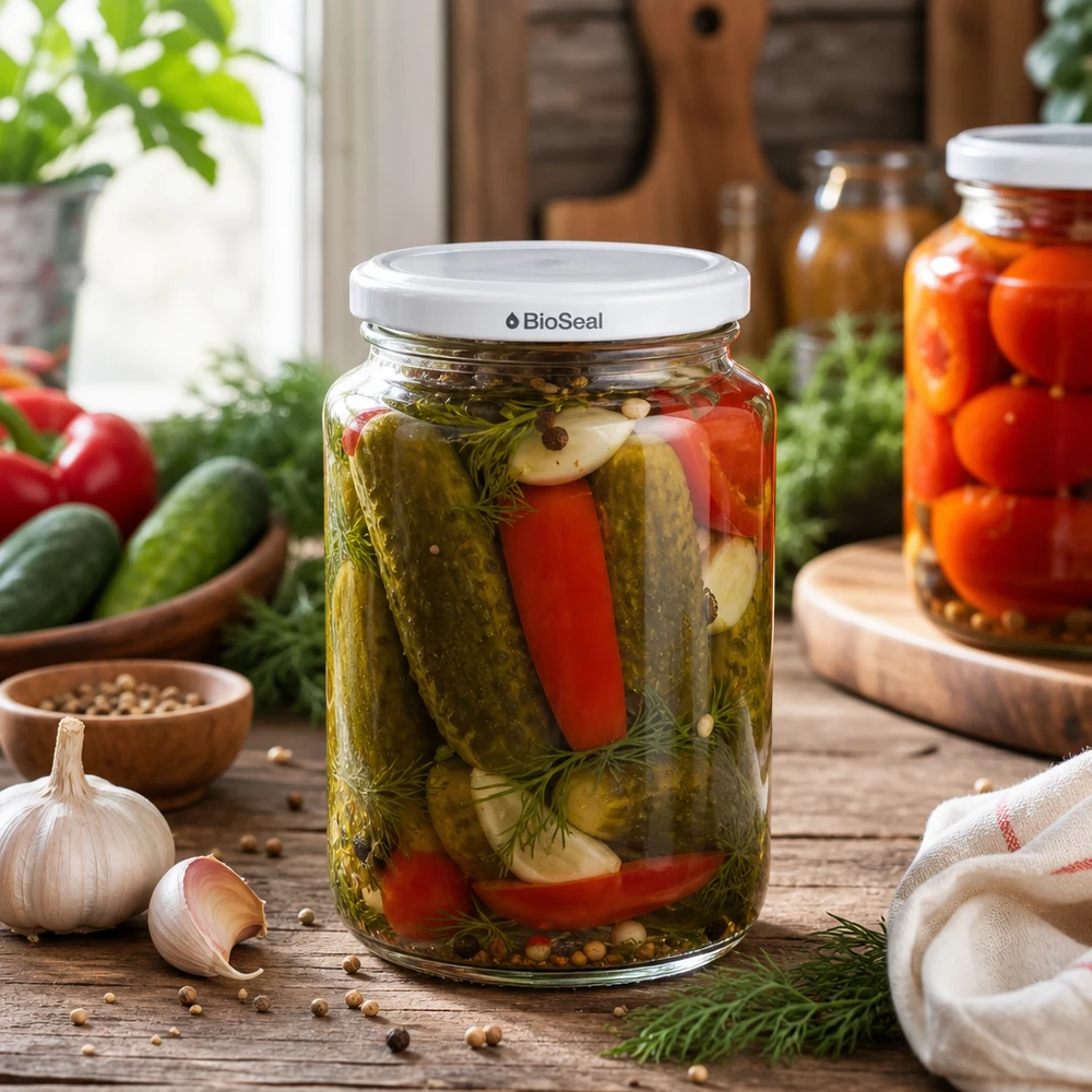 UNiTWIST Runda382 med hvidt låg TO66 BioSeal UNiTWIST Runda382 Einmachglas in rustikaler Küchenszene - Mixed Pickles mit Dill und Paprika in BioSeal Glas