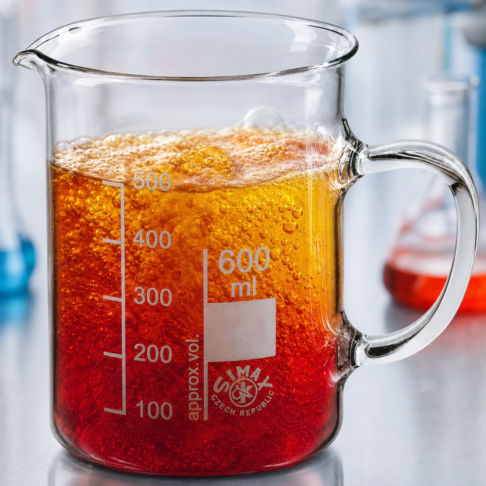 Bæger 600 ml borosilikatglas, med håndtag Et 600 ml bægerglas med hank, fyldt med en rød-orange skummende væske i laboratoriet