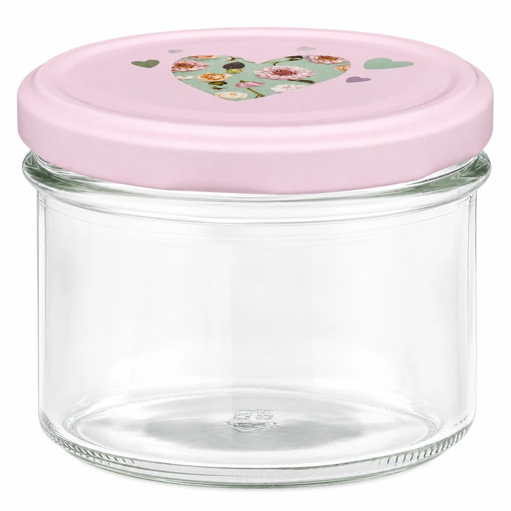225 ml glas med skrå kant + BasicSeal låg, hjerteformet, rosa UNiTWIST 225 ml murerbalje med pink BasicSeal-låg og hjertemotiv til syltetøjs- og konservesglas