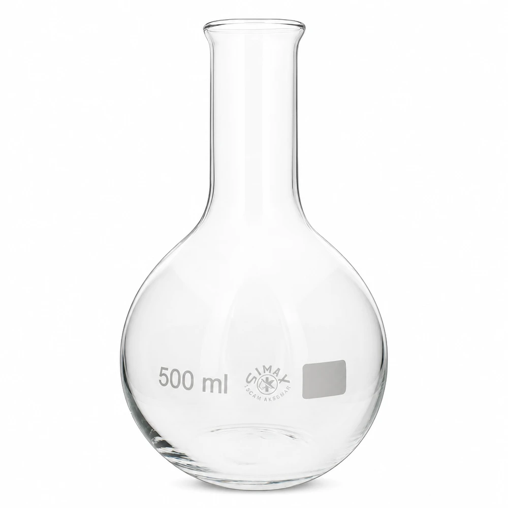 Stående kolbe 500 ml med smal hals Stående kolbe 500 ml med smal hals i klart glas til laboratorium og kemi