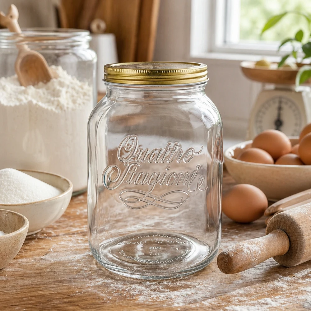3000 ml rundt glas "Quattro Stagioni" med låg Quattro Stagioni 3000 ml glaskrukke i køkkenet med bageingredienser, mel, æg og kagerulle til opbevaring