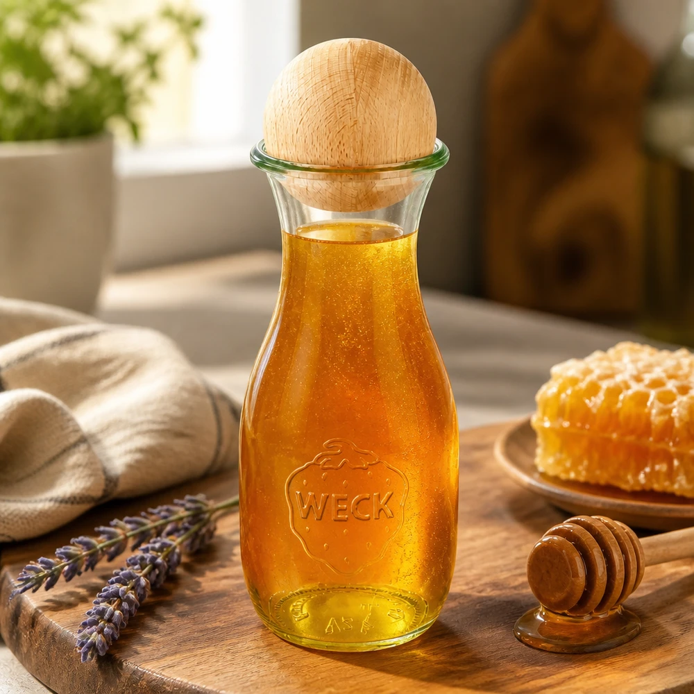 530 ml juiceflaske WECK RR60 med trækugle bøg 530 ml WECK-glasflaske fyldt med honning og bøgetræskugle på træplade dekoreret med honningkage og lavendel