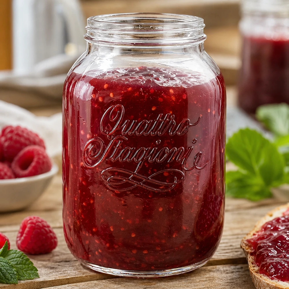 3000 ml husholdningsglas "Quattro Stagioni" 3000 ml Quattro Stagioni husholdningsglas fyldt med rød marmelade ved siden af friske jordbær på træbord