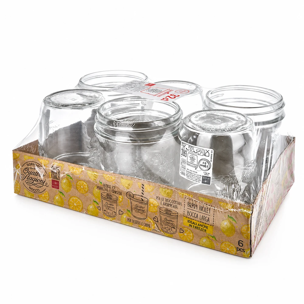 320 ml "Quattro Stagioni"-brillerne QS86mm Sæt med 6 Quattro Stagioni-glas 320 ml med skruelåg i salgsemballage til opbevaring og konservering