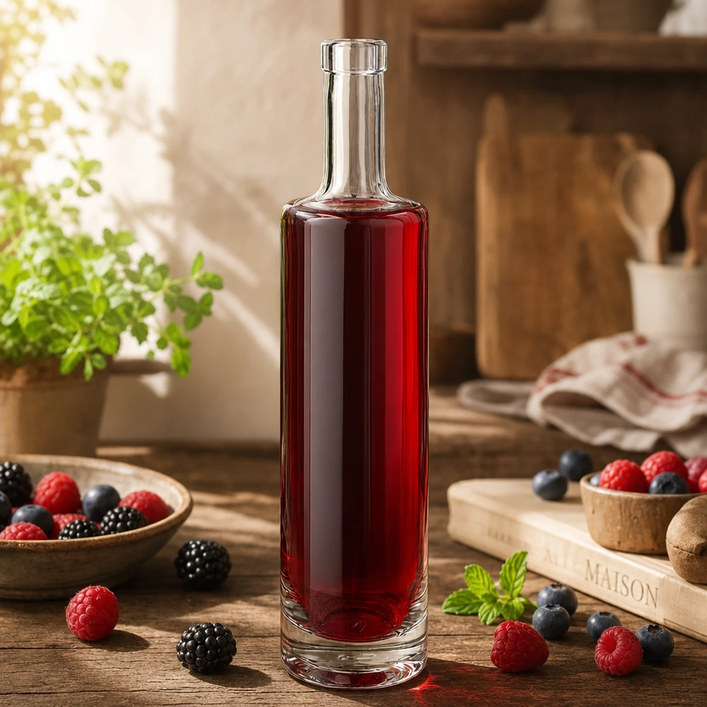 500 ml glasflaske »Lina« uden låg UNiTWIST® 500ml Glasflasche Lina mit rotem Beerensaft in rustikaler Küche umgeben von frischen Beeren und Holzaccessoires