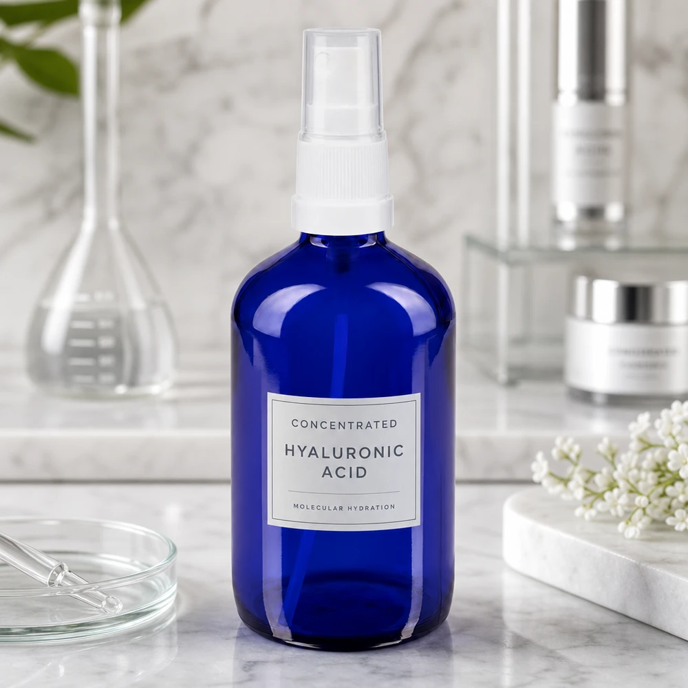 Apotekerflaske blå 100 ml spraytilbehør hvid Blå 100 ml STD-sprayflaske med hvidt pumpehoved, fyldt med hyaluronsyreserum på marmorbaggrund