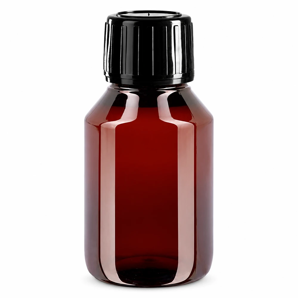 PET-flaske 50 ml med sort sprayhætte OV Lichtschutzflasche PET 50ml bernstein mit schwarzem Verschluss und Originalitätsring