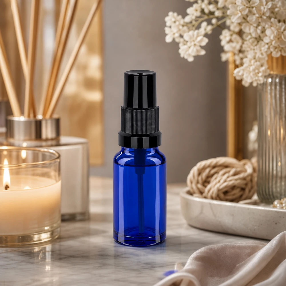 10 ml sprayflaske sort STD BlueLine UT18/10 10 ml glassprayflaske af høj kvalitet STD BlueLine UT18/10 med matsort pumpemekanisme til wellness