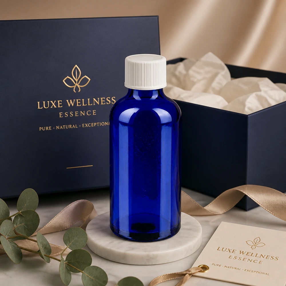 Elegant 50 ml apotekerflaske i dybblå med praktisk hvid hætte til wellness-produkter