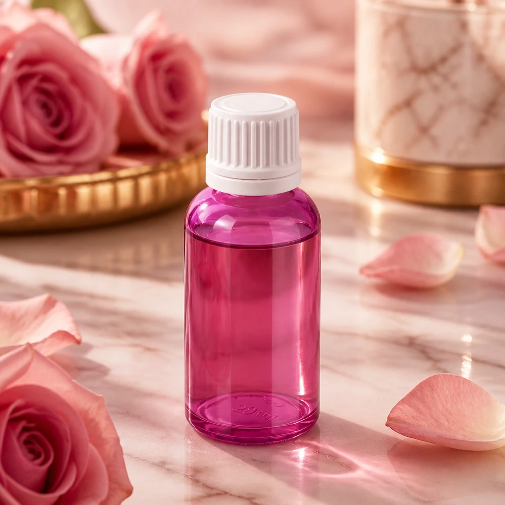 30 ml flaske 11 mm skruelåg hvid Originality skruelåg PurpleLine UT18/30 Lille 30 ml flaske i PurpleLine-design med hvid hætte til skønheds- og wellnessprodukter