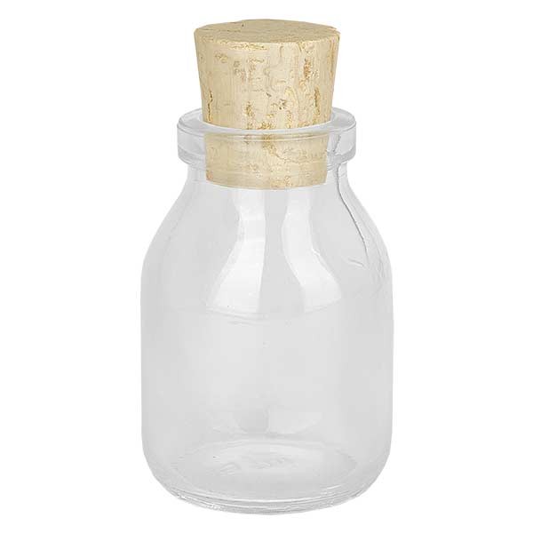 Rund 50ml klar, åbning 22mm, inkl. kork 22/26