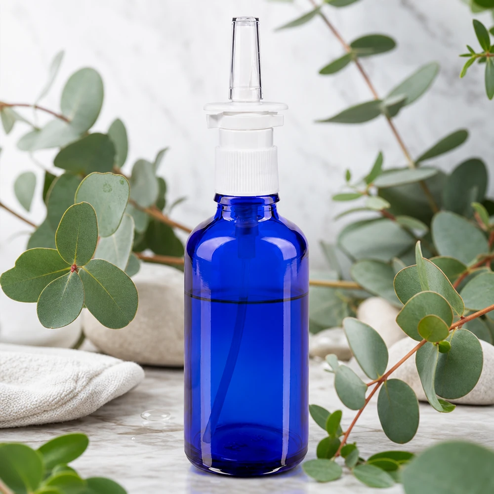 Apoteksflaske blå 50 ml næseforstøver hvid St Blå 50 ml næsesprayflaske af apotekerglas med eukalyptus-dekoration i spa-stemning