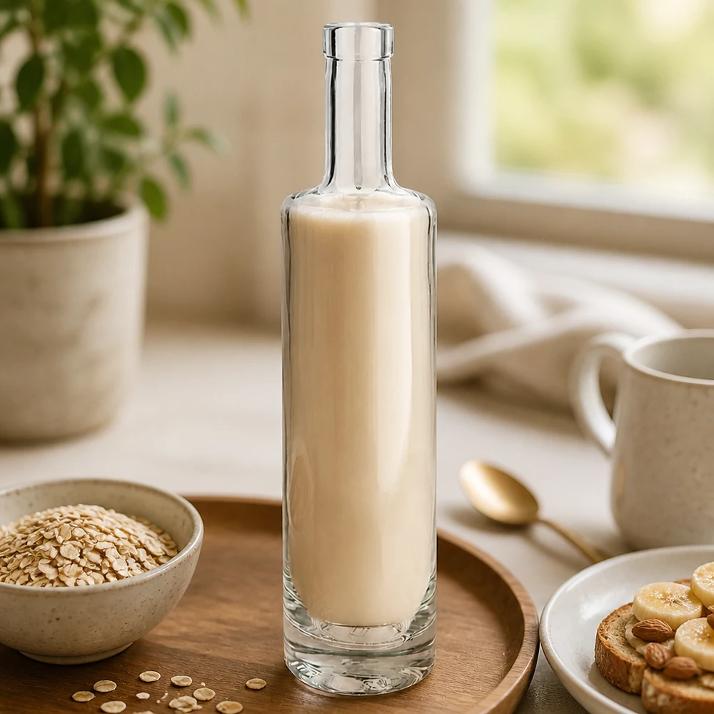 500 ml glasflaske »Lina« uden låg UNiTWIST® 500 ml glasflaske med Lina fyldt med havremælk i en stilfuld køkkenindretning med havreflager og morgenmadsbillede 3