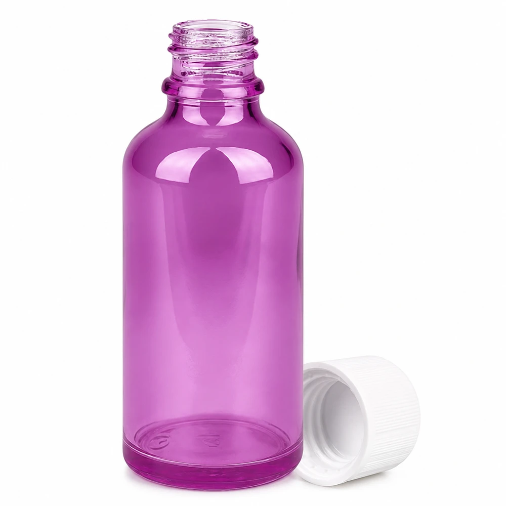 50 ml flaske 11 mm skruelåg hvid standard børnesikret PurpleLine UT18/50 Lilla 50 ml dråbeflaske med 11 mm åbning og børnesikret hætte til æteriske olier