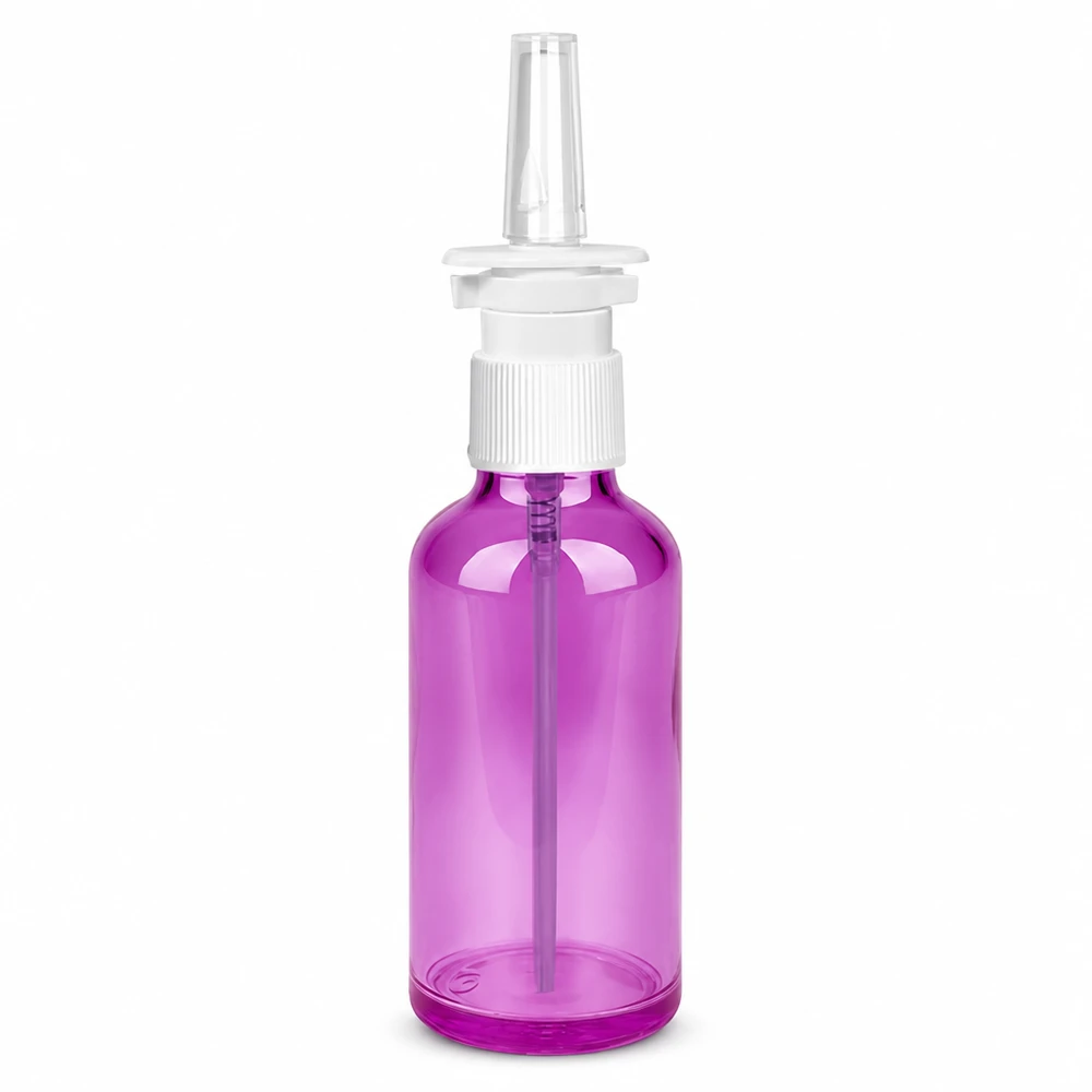 50 ml næsesprayflaske hvid/transparent standard PurpleLine. UT18/50 50 ml næsesprayflaske i gennemsigtig lilla med hvidt pumpesprayhoved til nasal anvendelse