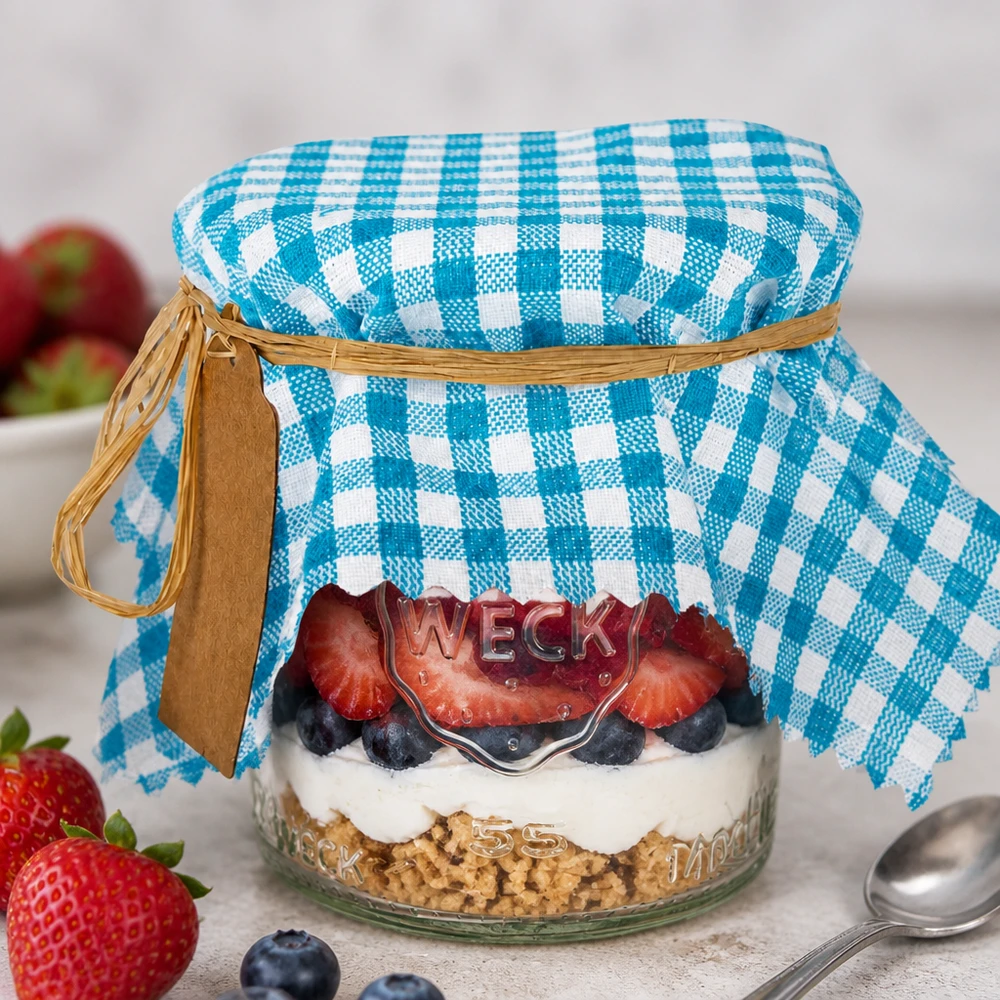 Stofdækkeserviet turkis ternet 150x150mm firkantet Türkis-kariertes Stoff Schmuckdeckchen auf Dessertglas mit Beeren-Schichtdessert und Raffiabast-Verschluss dekoriert