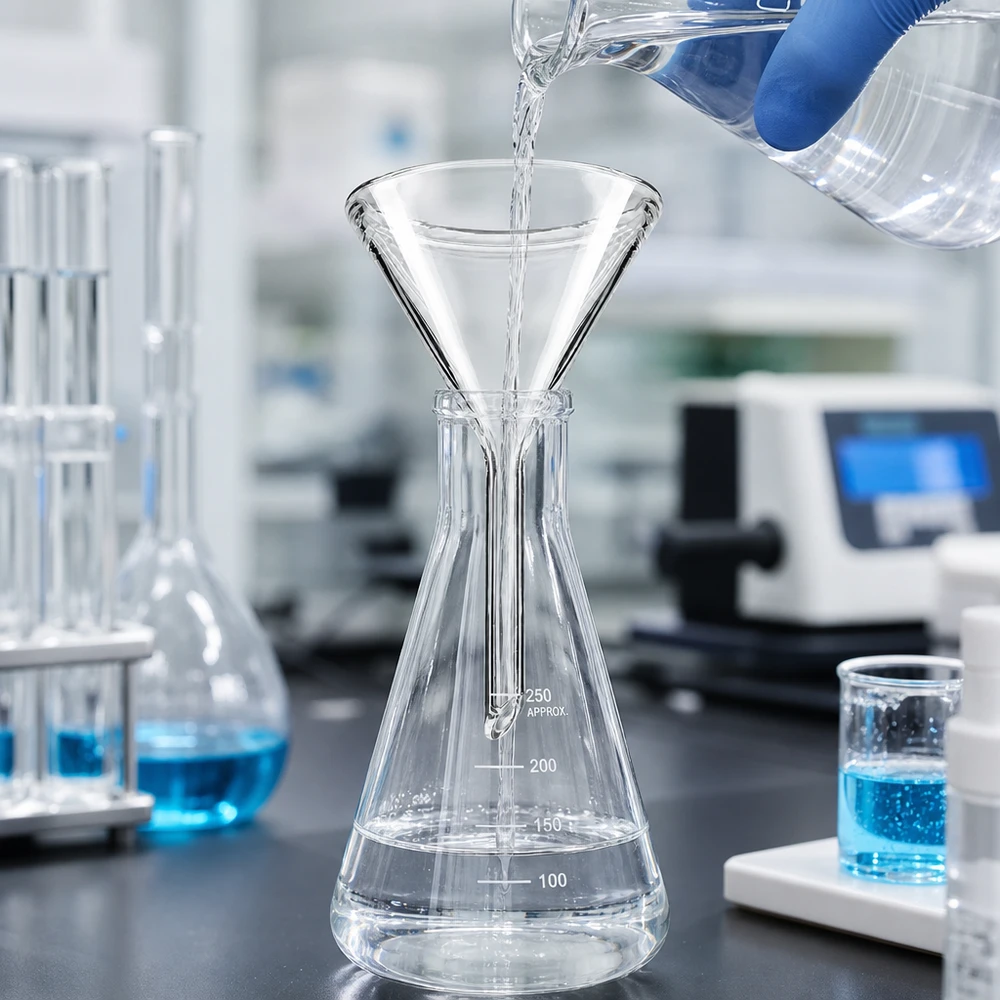 Tragt Ø 45 mm sodakalk, vinkel 60°, kort model Præcisionsglastragt med 45 mm diameter og 60 graders vinkel til laboratoriearbejde og analyse