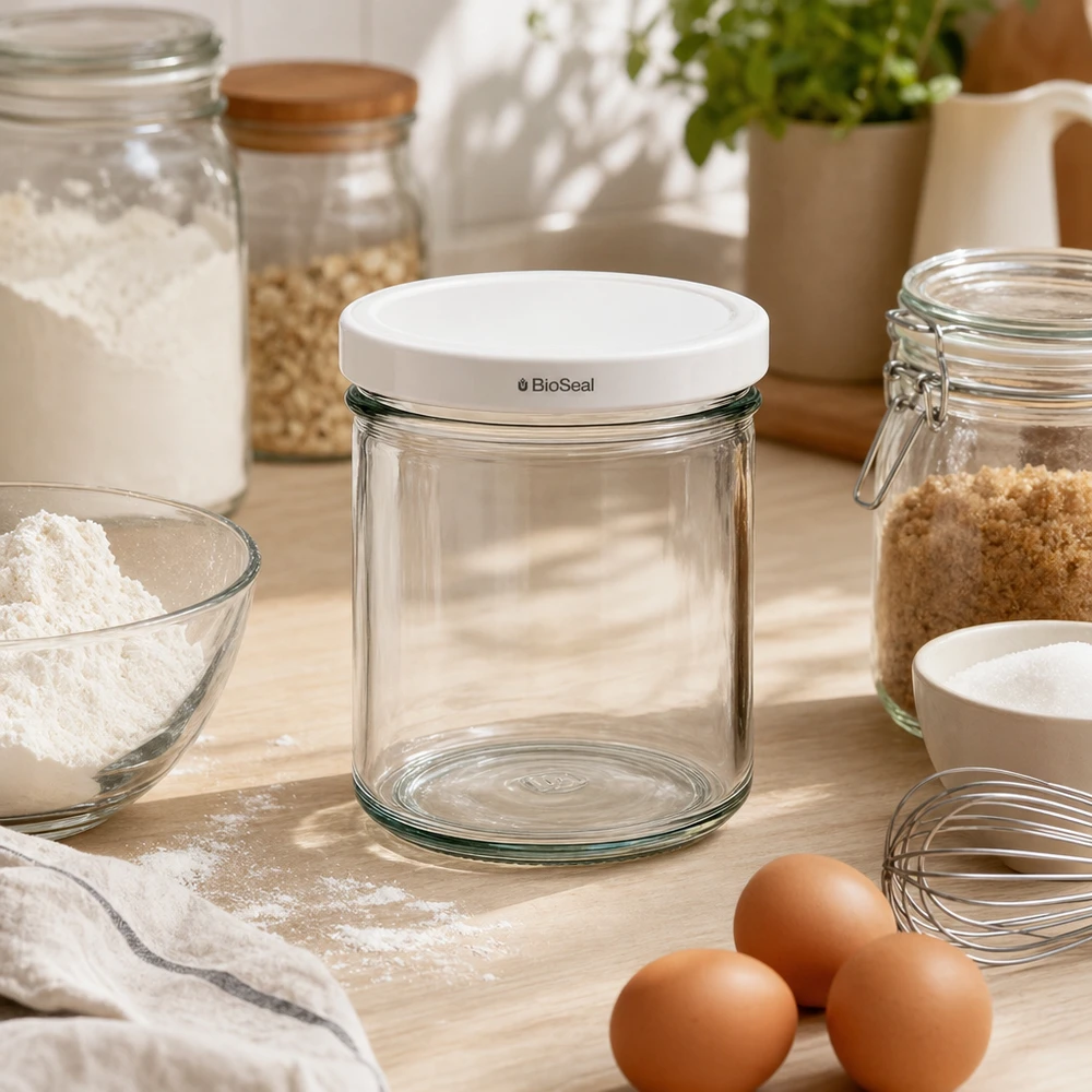 UNiTWIST overligger167 med hvidt låg TO66 BioSeal UNiTWIST 167 ml tumbler tom køkkenscene bageingredienser æg mel hvid TO66 BioSeal låg madopbevaring