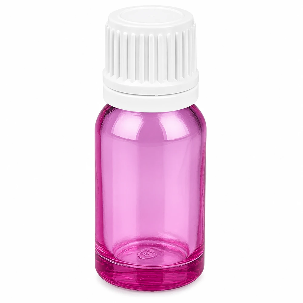 10ml flaske 11mm skruelåg hvid Originality skruelåg PurpleLine UT18/10 10 ml glasflaske med hvidt skruelåg i lilla farve til æteriske olier