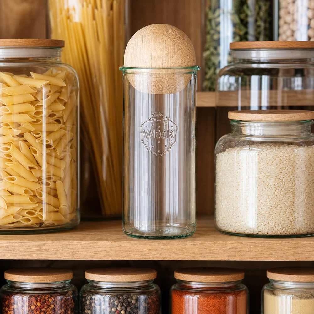 1500 ml Briller WECK RR100 med trækugle bøg WECK RR100 drikkeglas 1500 ml i et spisekammer ved siden af pasta og ris, kuglelåg af bøgetræ synligt