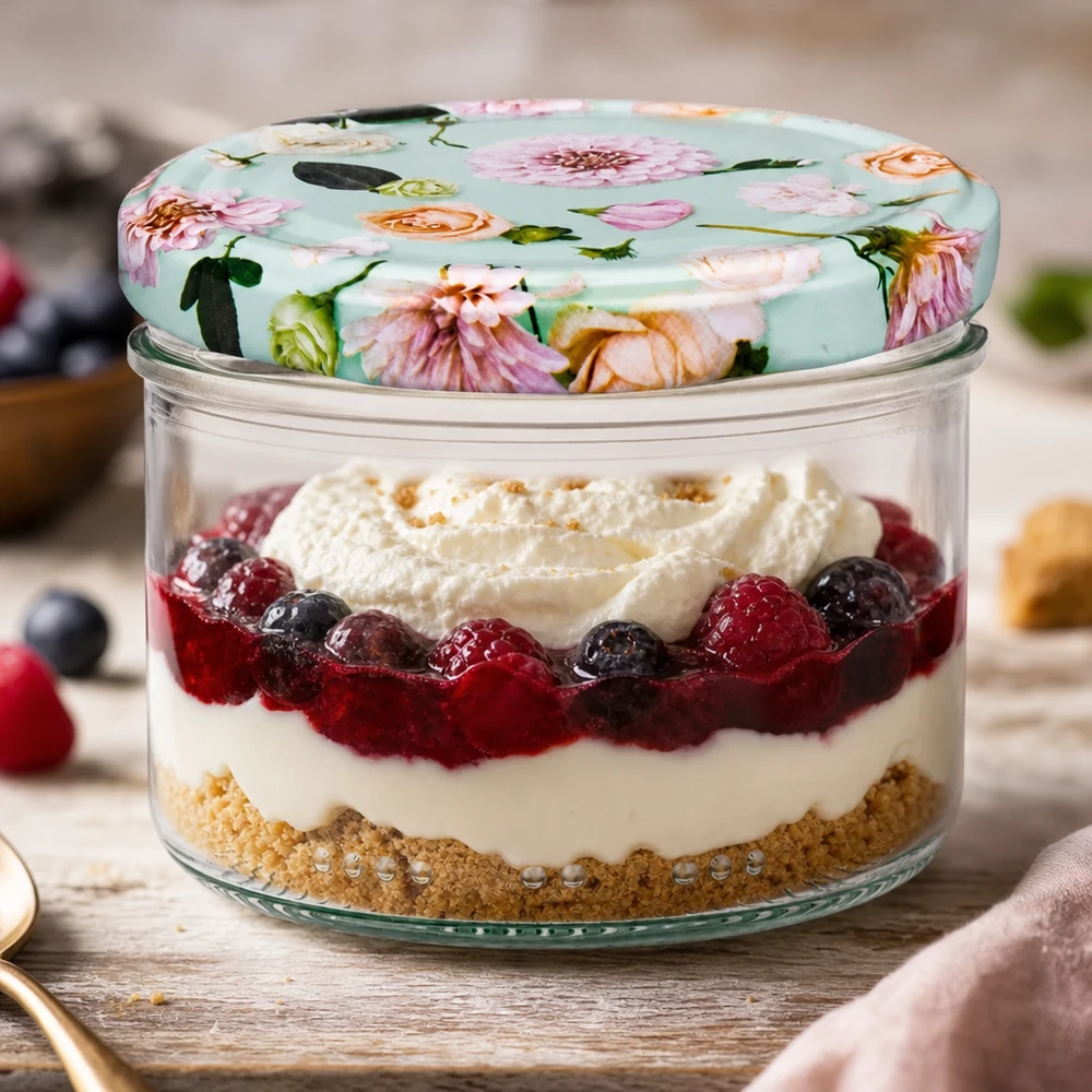 230 ml cylinderglas + BasicSeal låg Blume mint 230ml Zylinderglas mit BasicSeal Deckel Blume mint für Desserts - Schichtdessert mit Beeren und Sahne im Vorratsglas