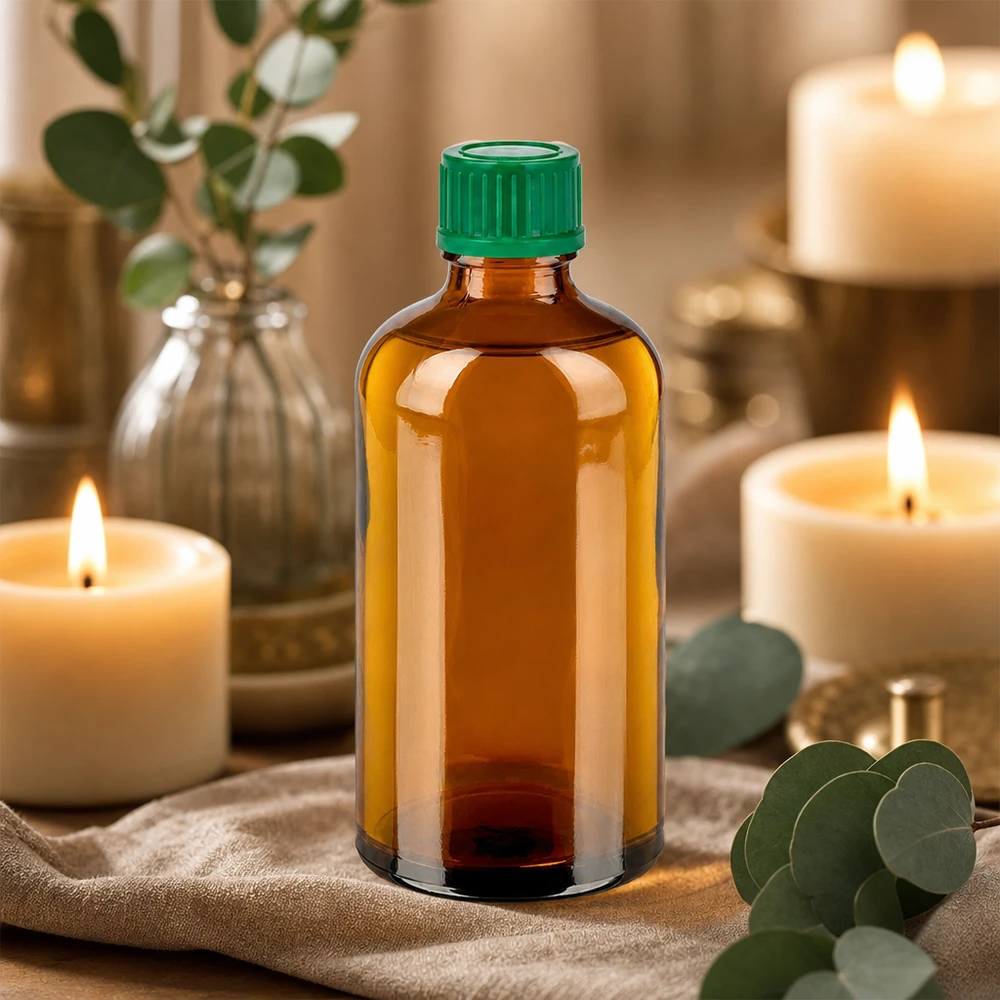 100 ml flaske 11 mm SV grøn STD BrownLine UT18/100 Ravfarvet glasflaske 100 ml med grøn hætte, ideel til æteriske olier og aromaterapi