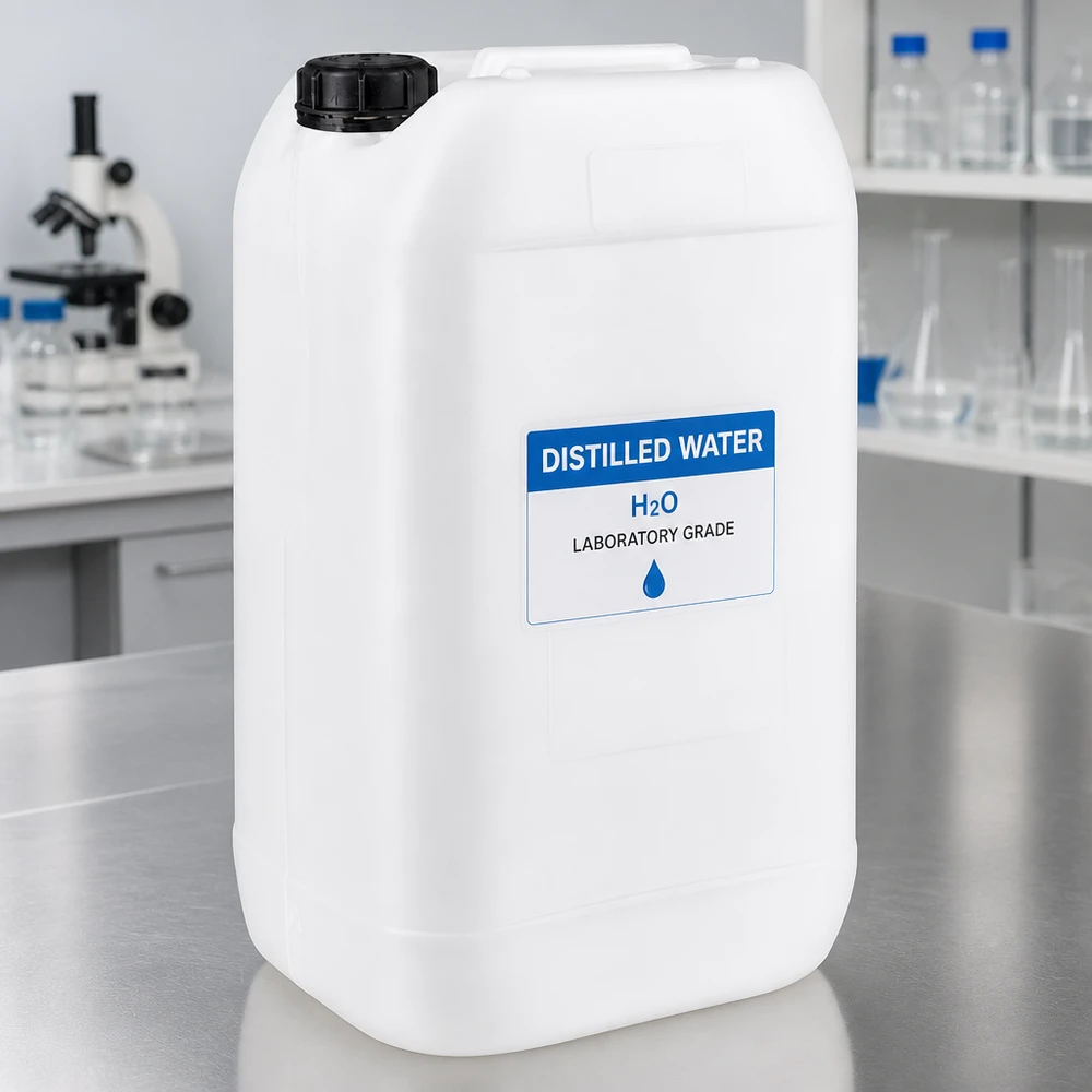 Laboratoriebeholder på 15 liter fyldt med destilleret vand (H₂O) i en hvid HDPE-beholder