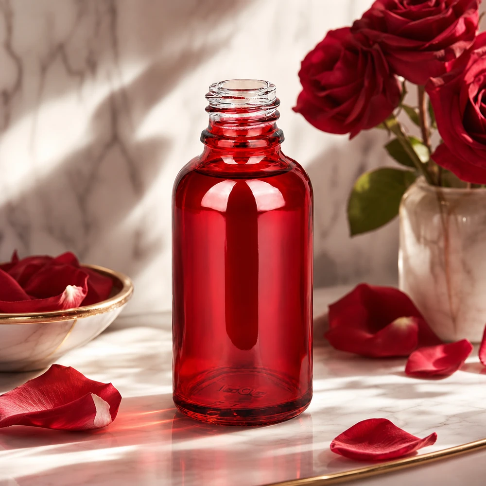 30 ml Apoteksflaske RedLine UT18/30 UNiTWIST RedLine UT18/30 UNiTWIST glasflaske 30 ml i elegant rød til farmaceutiske anvendelser