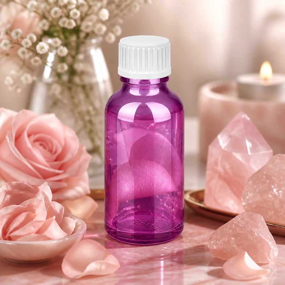 30 ml (kugle) flaske. 3 mm hældering hvid Standard PurpleLine. UT18/30 30 ml violet glasflaske med 18 mm gevind - perfekt til parfumeolier og essenser