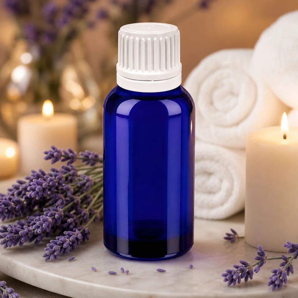 Elegant blå 30 ml glasflaske med hvid hætte, ideel til æteriske olier og aromaterapi