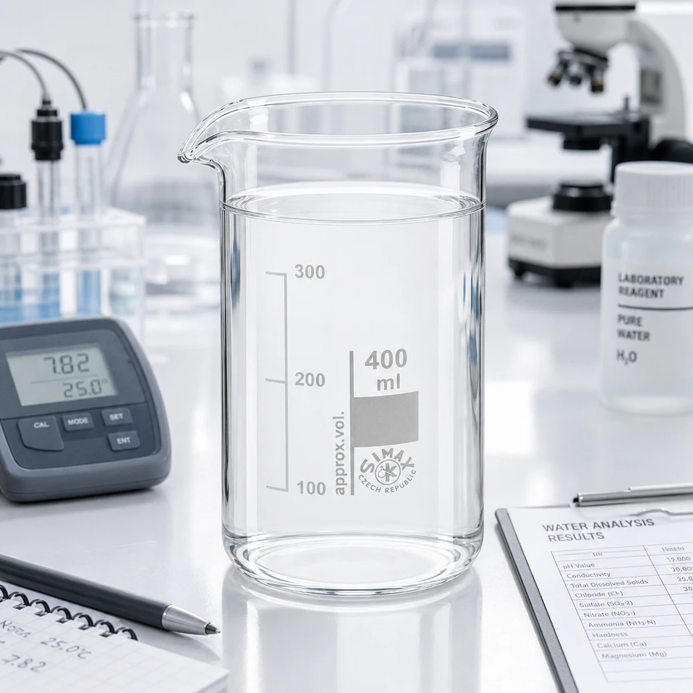 Bægerglas 400 ml borosilikatglas, høj form Gennemsigtigt bægerglas, 400 ml, højt design, med rent vand og pH-måler i laboratoriet