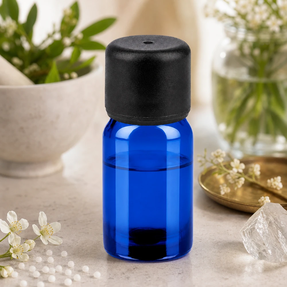 5ml flaske 6mm SV sort STD BlueLine UT18/5 5 ml apotekerflaske af høj kvalitet lavet af blåt glas med sort standardhætte til essenser
