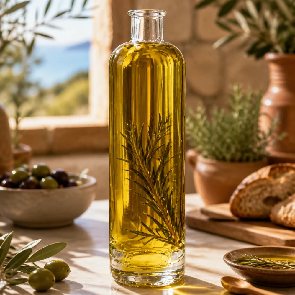 500 ml glasflaske »Ella« uden lukning UNiTWIST® 500ml Glasflasche Ella mit Olivenöl und Rosmarin gefüllt in mediterraner Küche stylisches Infusion-Beispiel