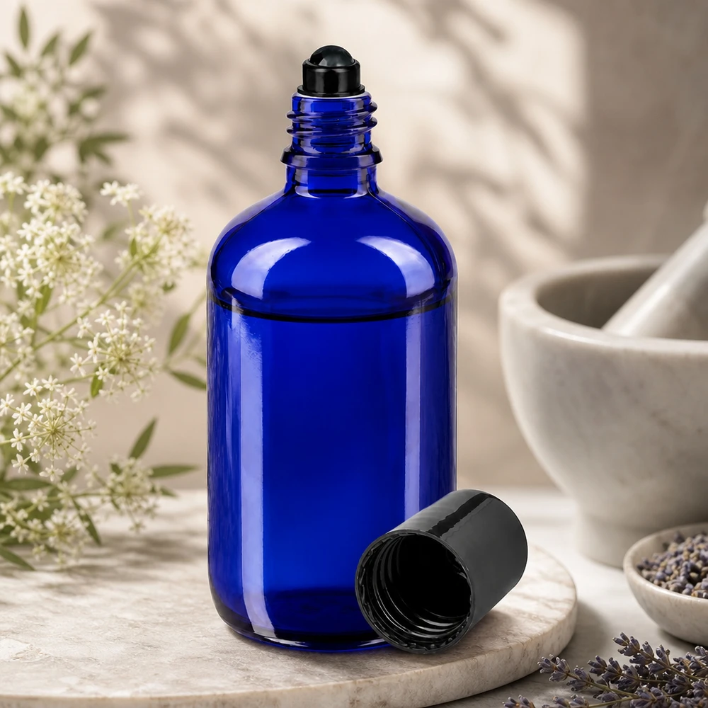 En koboltblå glasflaske på 100 ml med sort rullekugle, der er åbnet, ved siden af lavendelblomster og en morter
