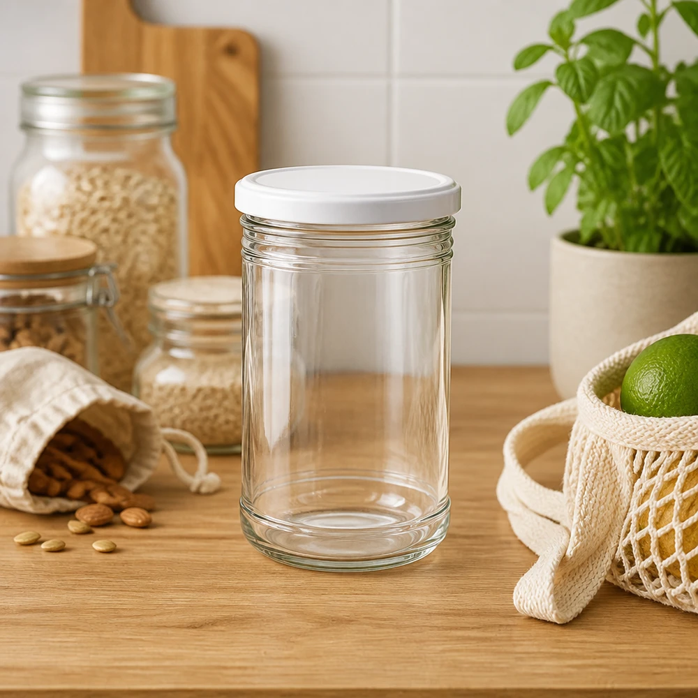 1053 ml Briller med BasicSeal-låg hvid UNiTWIST 1053 ml tomme glas på træbordplade i moderne køkken med indkøbspose i net og basilikumplante Lifestyle