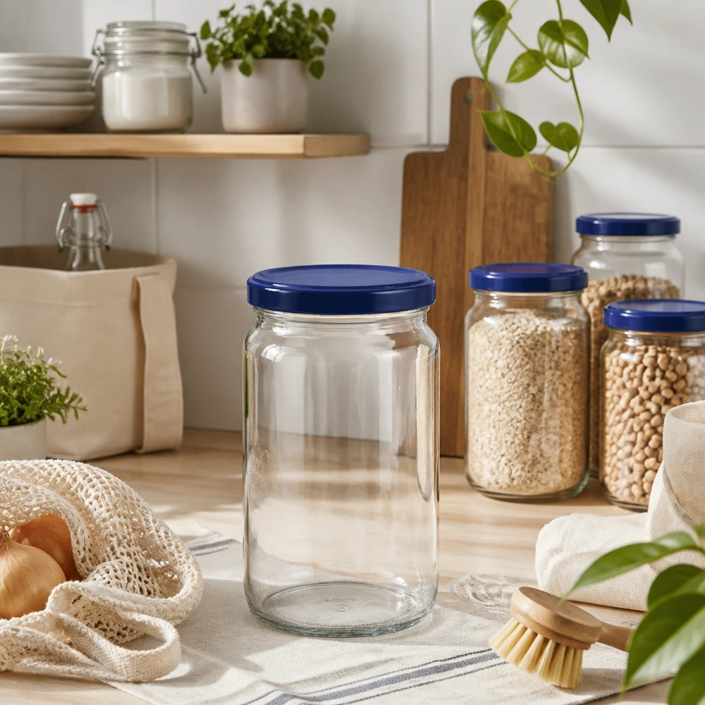 795 ml rund krukke + BasicSeal-låg blå UNiTWIST Tom 795 ml rund krukke med blåt UNiTWIST-låg i bæredygtigt køkken med opbevaringskrukker og træelementer