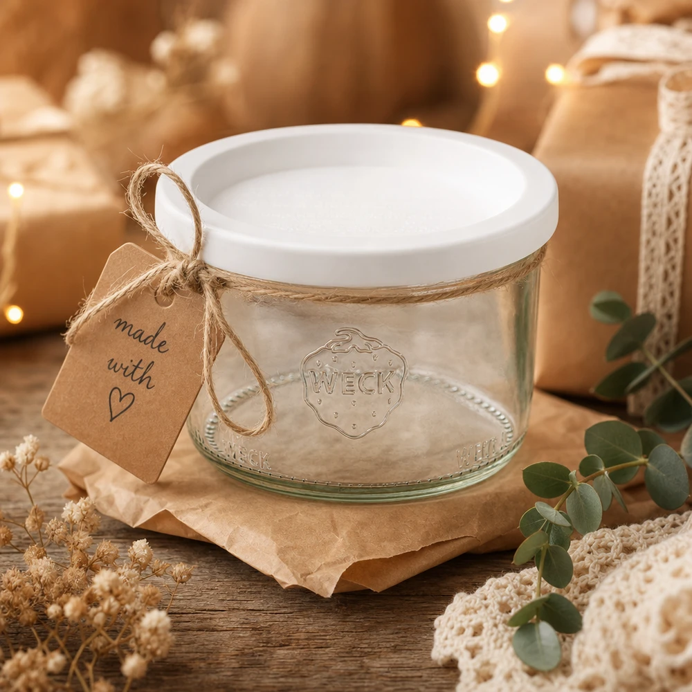 200 ml Briller med friskhedslåg WECK RR80 WECK-glas 200 ml RR80 som gave dekoreret med jutesnor og Made with Love-tag på et træbord