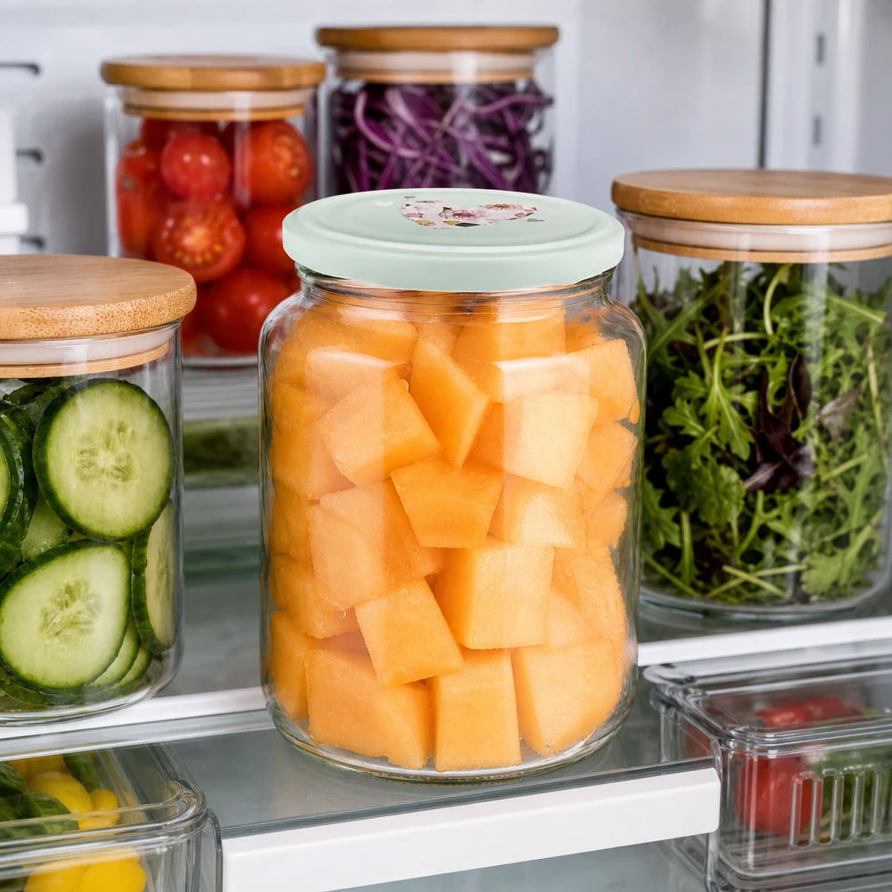 795 ml rund glas + BasicSeal låg hjerte mint UNiTWIST 795 ml rund krukke med minthjertelåg i køleskabet med tilberedte melonstykker ved siden af opbevaringsglas Meal Prep
