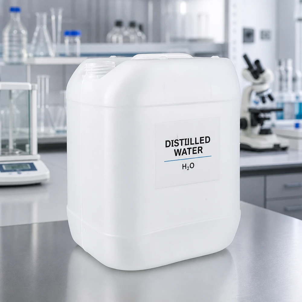 Beholder 20 liter uden låg Destilleret vand (H₂O) i 20-liters plastdunke uden låg til brug i laboratoriet