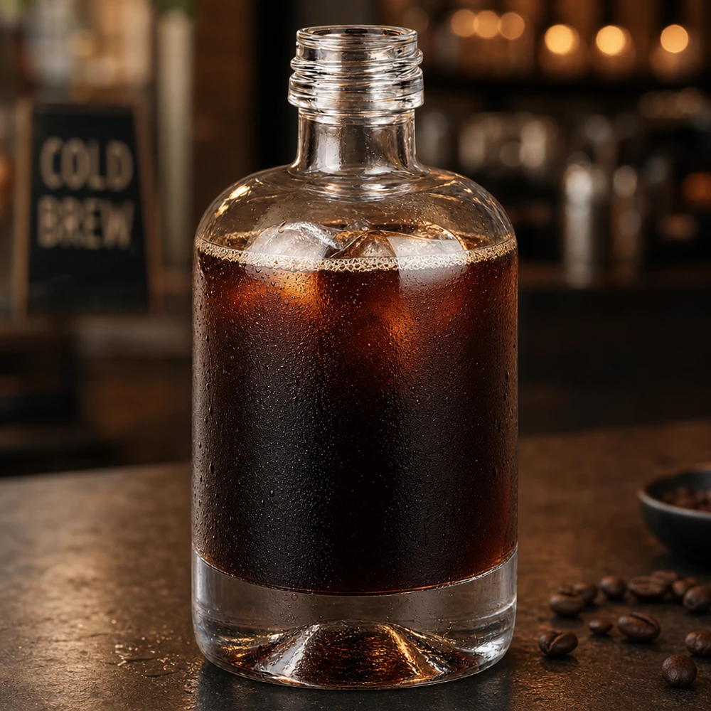 40 ml glasflaske »Sara« uden skruelåg UNiTWIST® 40 ml glasflaske Sara fyldt med koldbrygget kaffe omgivet af kaffebønner i en caféatmosfære uden hætte