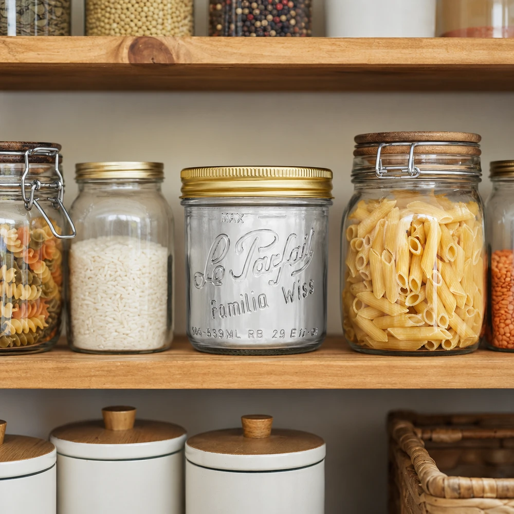 Le Parfait® Familia Wiss 500 g Ø100 mm glas Familia Wiss 539 ml glas med guldlåg i det organiserede spisekammer mellem pasta- og risglas