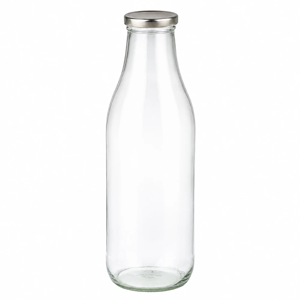 1000 ml glasflaske + BasicSeal-låg sølv UNiTWIST. Absolut lækagesikker med stort TO48-låg. Til mælk, juice og limonade. 1000 ml glasflaske med sølvfarvet BasicSeal-låg, tom og gennemsigtig til drikkevarer og opbevaring