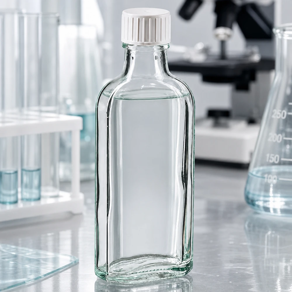 Flad 100 ml glasflaske i Meplat-form med hvid skruelåg og hældering til brug i laboratoriemiljøet