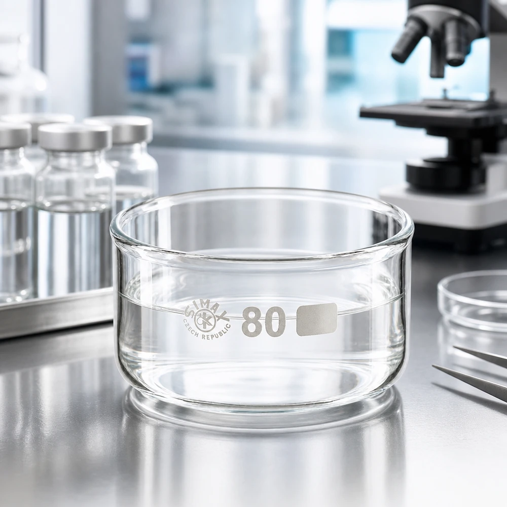 Krystalliseringsskål 150 ml uden tud borosilikat SIMAX-krystalliseringsskål 150 ml i et moderne laboratorium ved siden af et mikroskop og glasflasker med en diameter på 80 mm