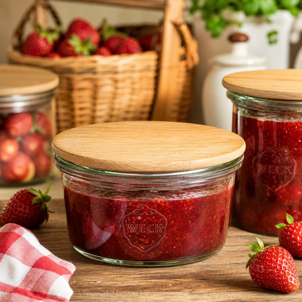 50 ml mini Briller WECK RR60 med trælåg WECK mini murerbalje 50 ml fyldt med jordbærmarmelade og bambuslåg i rustikt køkken med friske jordbær