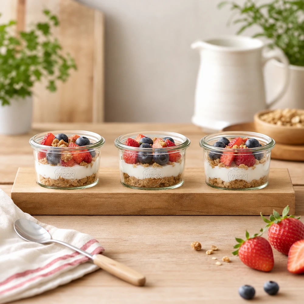 Serveringsbræt Plano3 med 3 Weck-glas med skruelåg, 80 ml Serveringsbræt i træ Plano3 med Weck-bægre 80 ml som yoghurtparfait med bær og granola i et lyst køkken