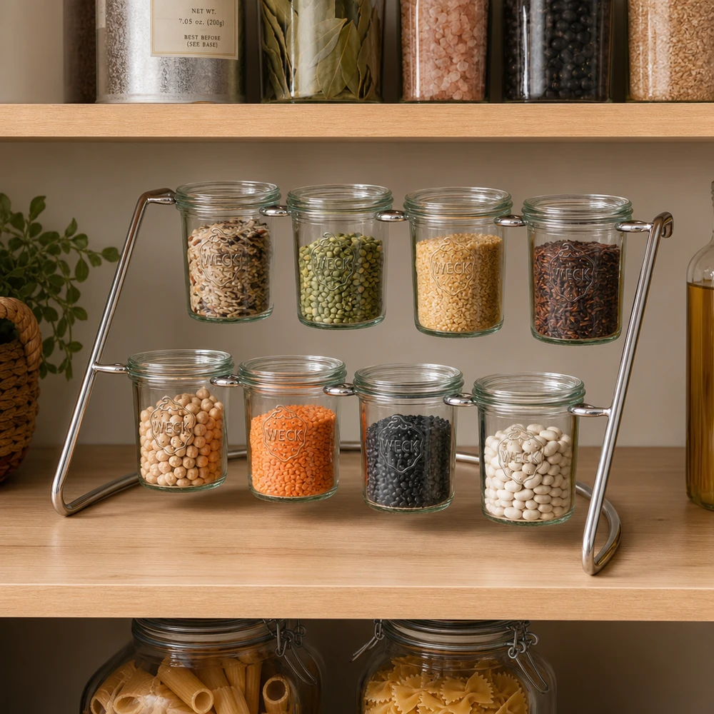 Flato8-serveringsstativ til 8 WECK-glas Flato8 serveringsstativ til opbevaring af bælgfrugter og kornprodukter i WECK-glas i spisekammeret