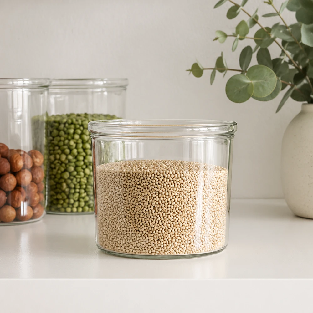 35 ml WECK RR40-glas med skrå kant WECK 35 ml RR40 opbevaringsglas fyldt med quinoa sammen med andre opbevaringsglas med bælgfrugter i det moderne køkken