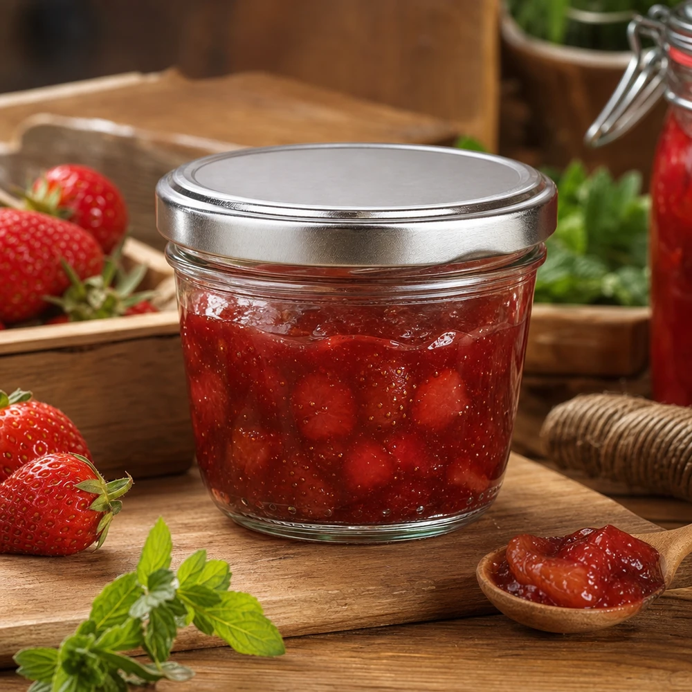 230 ml Briller med BasicSeal-låg sølv UNiTWIST 230 ml murerbalje med sølvfarvet BasicSeal-låg fyldt med jordbærmarmelade marmelade på en træplade med friske jordbær